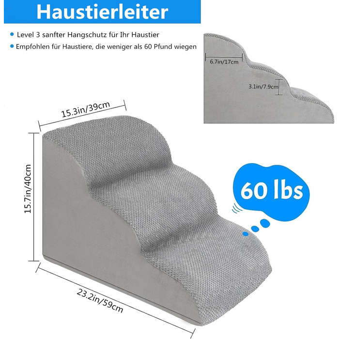 LIANTRAL Dog Stairs, 3 Steps Dog Ladder for Bed and Sofa made of High-Density Sponge, Cat Stairs Dog Ramp with Removable, Washable Cover and Pet Hair Remover Roller, 40 cm High