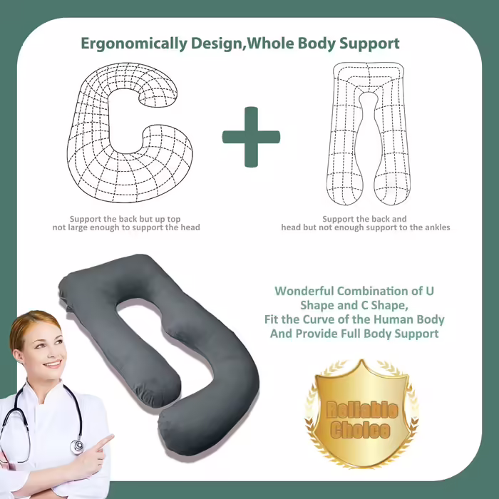 Chilling Home Pregnancy Pillow J Shape, Side Sleeper Pillow with Cover J Pillow Nursing Pillow Large Storage Pillow, Pillow for Women and Side Sleepers (Light Black, Velvet)