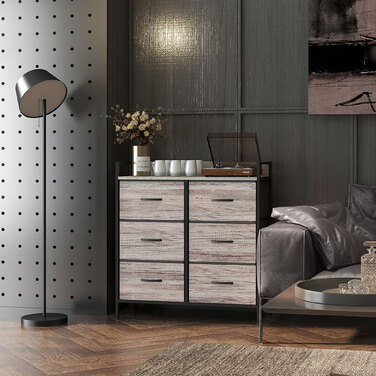 HOMCOM 6-Drawer Fabric Storage Chest of Drawers, Storage Cabinet, Dresser-Style Unit with Wood-Look Finish, Handles, Steel Frame, Industrial Design Sideboard for Living Room - Grey | Aosom