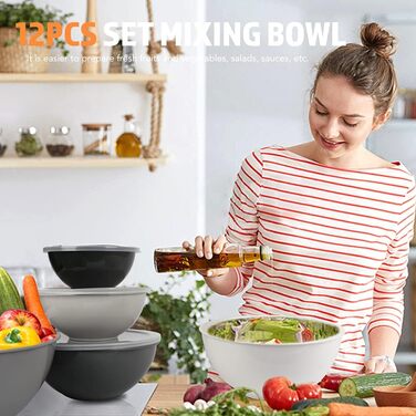 BoxedHome Gray Mixing Bowls Set with Lids, Reusable Mixing Bowl, 12-Pack Mixing Bowl, Plastic Salad Bowl Non-Slip Stackable Serving Bowls for Kitchen (6 Bowls and 6 Lids)