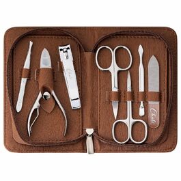 Набір для манікюру та педикюру Chali® 7 предметів з етаньє, нержавіюча сталь, манікюрний/педикюрний набір - ножиці для нігтів, кусачки, пінцет, скляний напільник та інше (колір: коричневий)