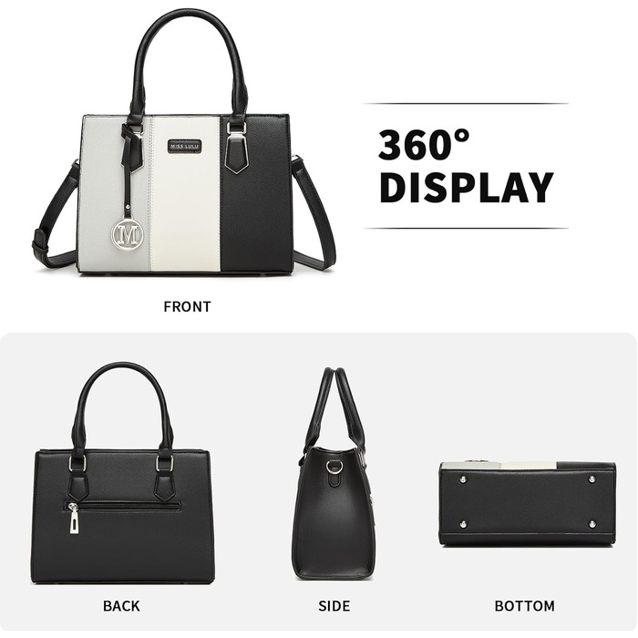Сумка жіноча Miss Lulu середнього розміру з PU шкіри, сіра+чорна, з плечовим ремінцем для офісу, школи, подорожей та покупок