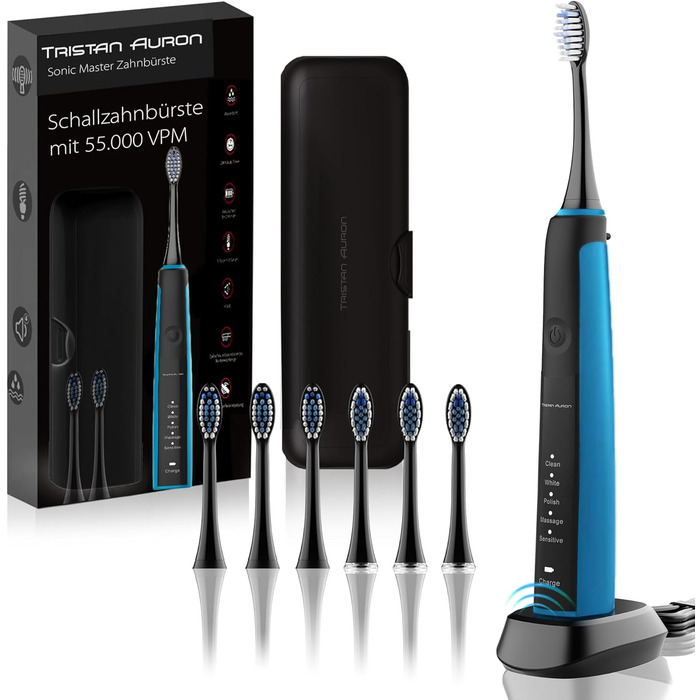 Електрична зубна щітка Tristan Auron Sonic Master – 5 Modi, 60 днів акумулятора, з чохлом та 6 насадок (Чорний)