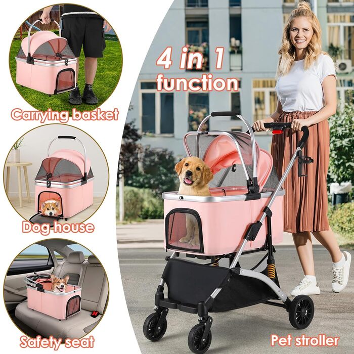 Візок для собак Mamizo 3-в-1: візок, переноска, сумка, до 20 кг, поворотні колеса, кошик, тримач для напоїв, для собак та котів (сріблястий, рожевий)