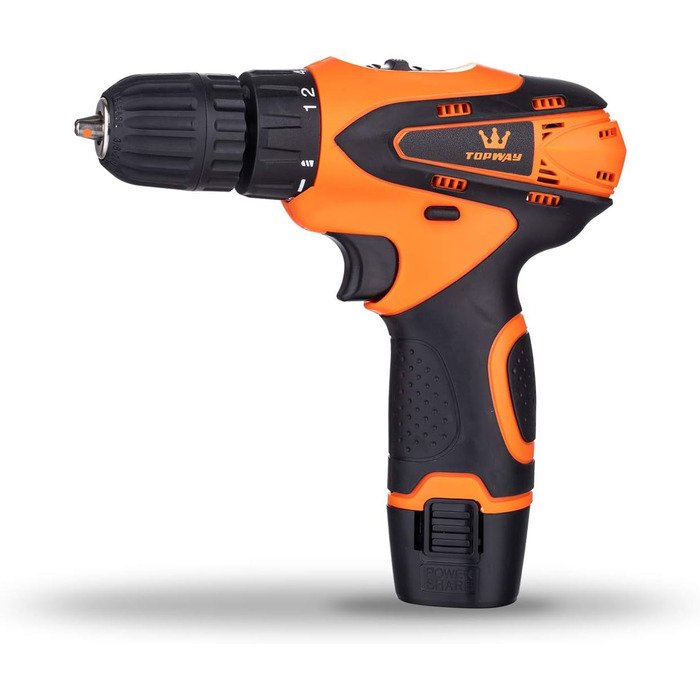 Акумуляторний дриль-шуруповерт TOPWAY 12V з акумулятором 1.3Ah, 10мм патрон, 2 швидкості, LED-підсвічування, для дому та DIY