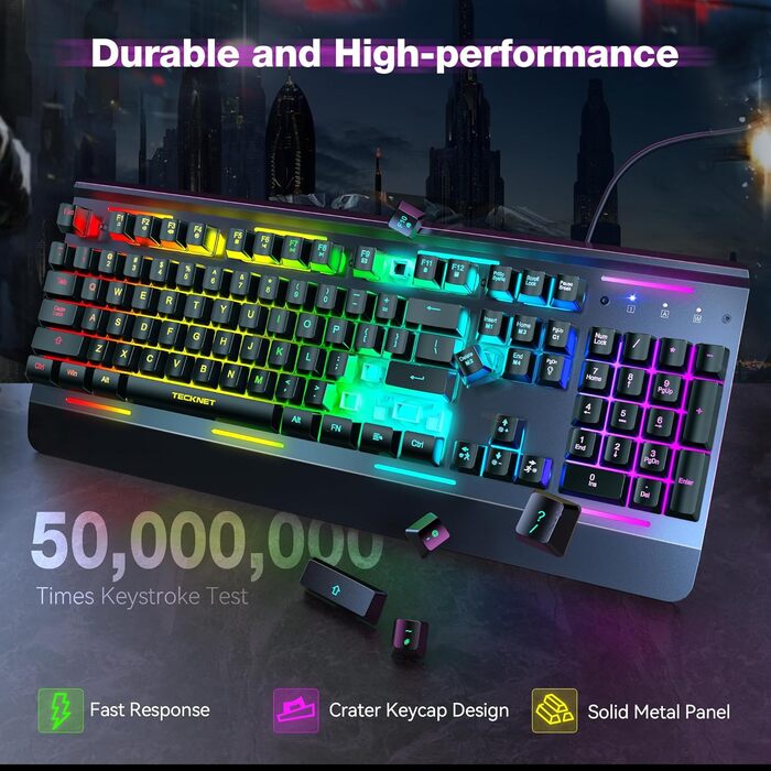 TECKNET RGB ігрова клавіатура для ПК, мембранна, 105 клавіш, повнорозмірна металева панель, підставка для зап'ястя, 15 зон RGB підсвічування, 25 антиблінгувальних клавіш, QWERTY (американська)