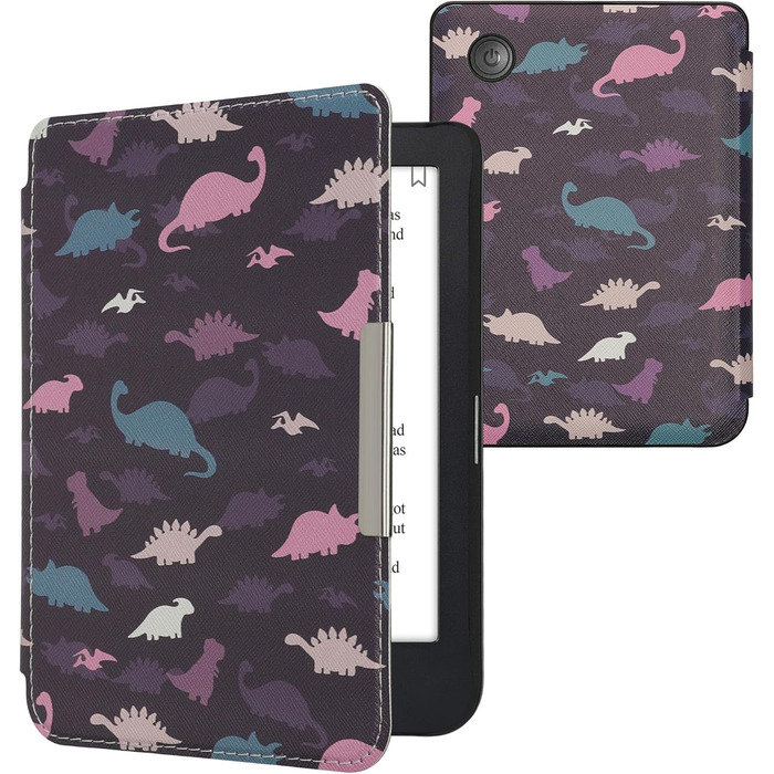 Чохол-книжка kwmobile для Kobo Clara 2E / Tolino Shine 4 - з візерунком єгипетських ієрогліфів, золото-чорний (різнобарвні динозаври, фіолетовий, жовтий, блакитний)