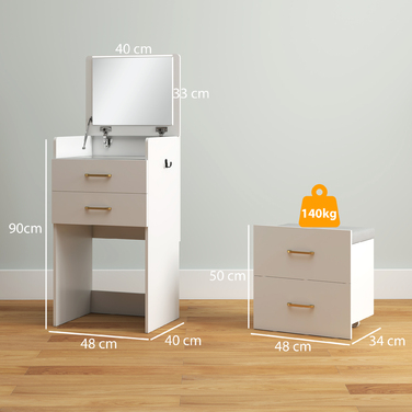 HOMCOM 3-in-1 Vanity Table with Mirror, Nightstand, Rolling Stool, Drawers, White
