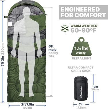 Спальний мішок MalloMe для дорослих та дітей - зимовий, 3 сезони, 10-25°C, чорний