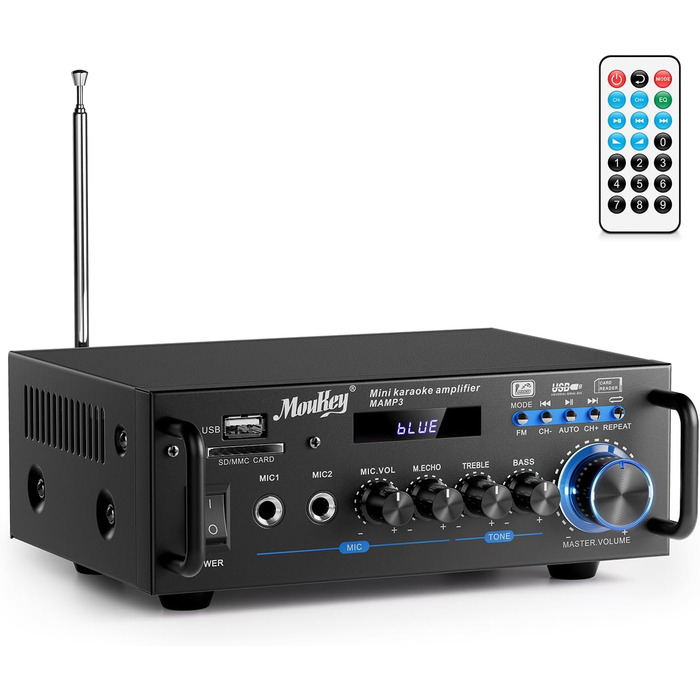 Стерео Bluetooth караоке підсилювач Moukey 2.0 каналів, 100Вт, Hi-Fi, RCA, USB, SD, 2 мікрофонні входи, FM-радіо для авто та дому