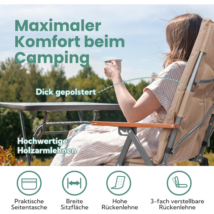 Крісло для кемпінгу Homecall, розкладне, 50 кг, висока спинка, люкс, 3 положення, з м'яким сидінням, для риболовлі, саду, балкону, автодому (Хакі)