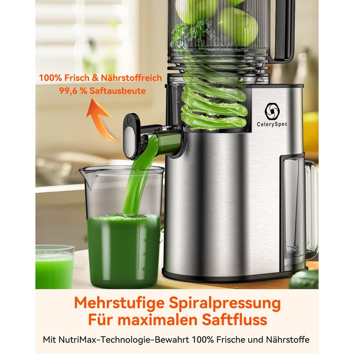 Соковитискач CelerySpec Slow Juicer - переможець тесту, для цілих овочів та фруктів, 130 мм, 1.8л, BPA-free, 250W, з функцією зворотного ходу, нержавіюча сталь, чорний