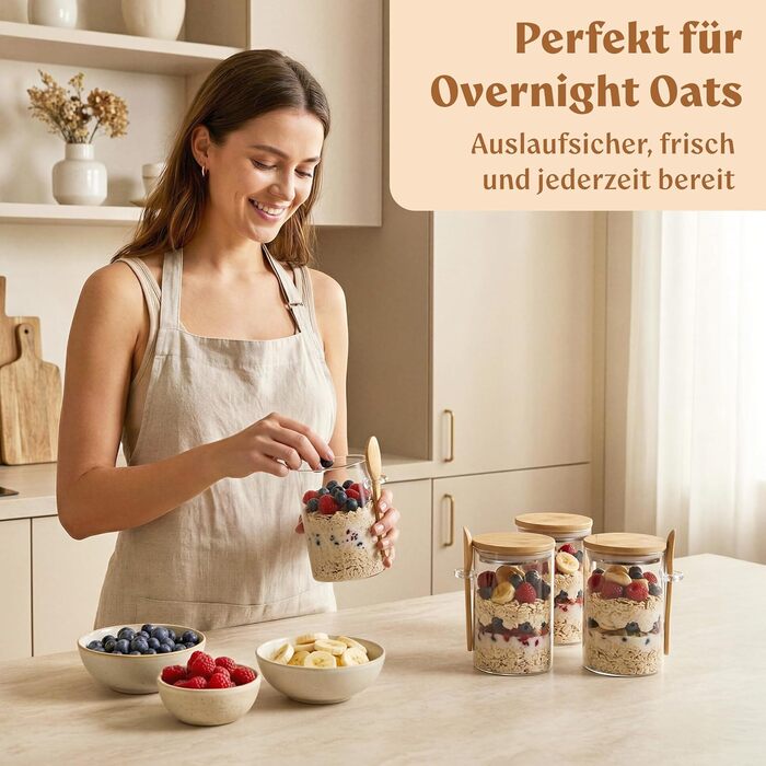 EDELHAUS Банки для Overnight Oats 4x500 мл з кришками, етикетками та ложками - герметичні скляні банки для вівсянки, йогурту, чиа-пудингу, спецій