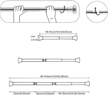 Телескопічна штанга для карнизів 60-130 см, не потребує свердління, нержавіюча сталь, для штор, душової завіси, шафи, вікна, дверей (48-133 см, чорний)