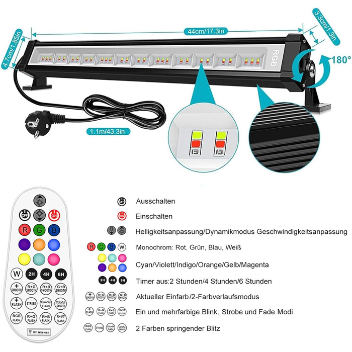 RGB LED прожектор 42W з пультом, диміруємий, водонепроникний IP66, світлодіодний wallwasher для вулиці та приміщення, для саду, дому, вечірок, декору, з пам’яттю
