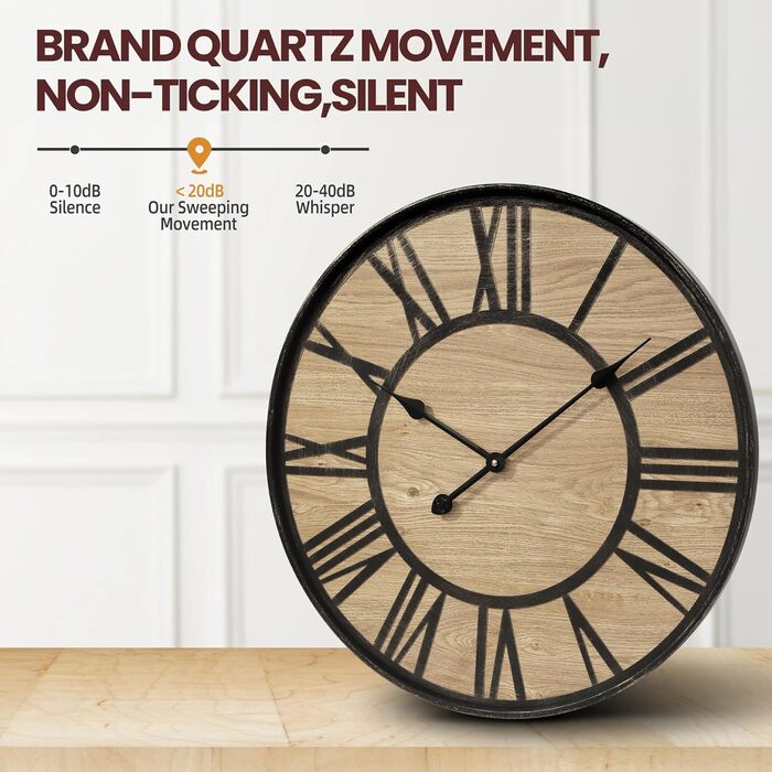 Large Wall Clock Without Ticking, 50 cm / Silent Wood Vintage Wall Clock Retro Battery Powered Modern For Living Room Bedroom, Kitchen, Farmhouse, Office Decoration (14 inch, Antique Bronze Metal - Roman Numerals)