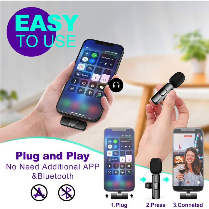 Беспроводной микрофон-зарядка Lavalier USB-C 2 в 1 для iPhone, шумоподавление KI, мини-микрофон для видеоблогинга, видео, подкастов, интервью, TikTok, YouTube - Черный (2 TX + 1 RX) (2 Mic для iOS)