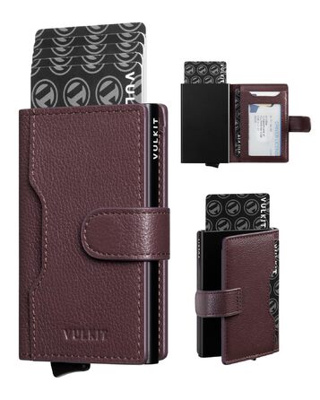 Чоловіче картхолдер VULKIT з RFID блокуванням, з металевою конструкцією, 3 відділення для кредитних карт та віконцем для посвідчення, компактний гаманець з магнітною застібкою, червоне шкіряне покриття (справжня шкіра Litchi Espresso)