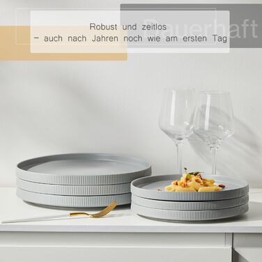 Набір посуду Jiwoo для 4 осіб (12 предметів): тарілки, десертні тарілки, супові миски. Bone China, матовий сірий колір, для мікрохвильовки та посудомийної машини