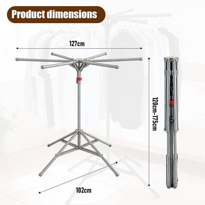 Сушарка для білизни Standtrockner Hoch Klappbar - розкладний тримач для одягу з 6 крилами, регульована висота 120-170 см, з вуглецевої сталі, сірий