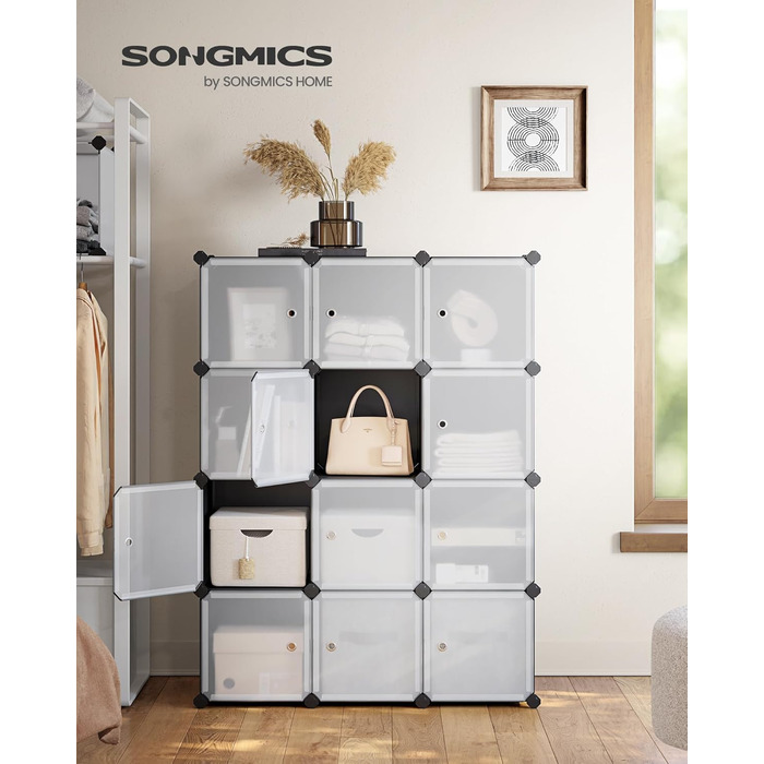 SONGMICS Regal System, Shoe Rack, Set of 16 Cubes, Plastic Wardrobe, with Doors, Plug-in Shelf, Storage for Clothes, Shoes and Books, Easy Assembly, LPC443G01 (12 Cubes (93B x 123H cm), Black)