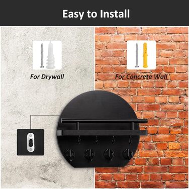 Настінна вішалка для ключів Nekon з полицею та 8 гачками, 24.8 см, чорний колір