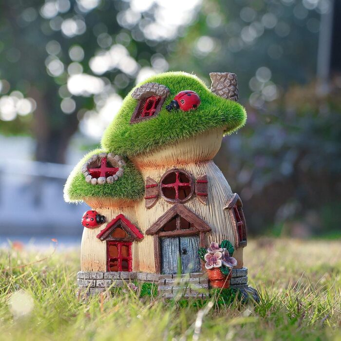 TERESA'S COLLECTIONS Outdoor Garden Decor, Garden Decoration, Fairy House Garden Decor, fairy garden, Mushroom, made of resin, with solar lamp, Green, Balcony, Autumn decor, Autumn Decoration, 16cm