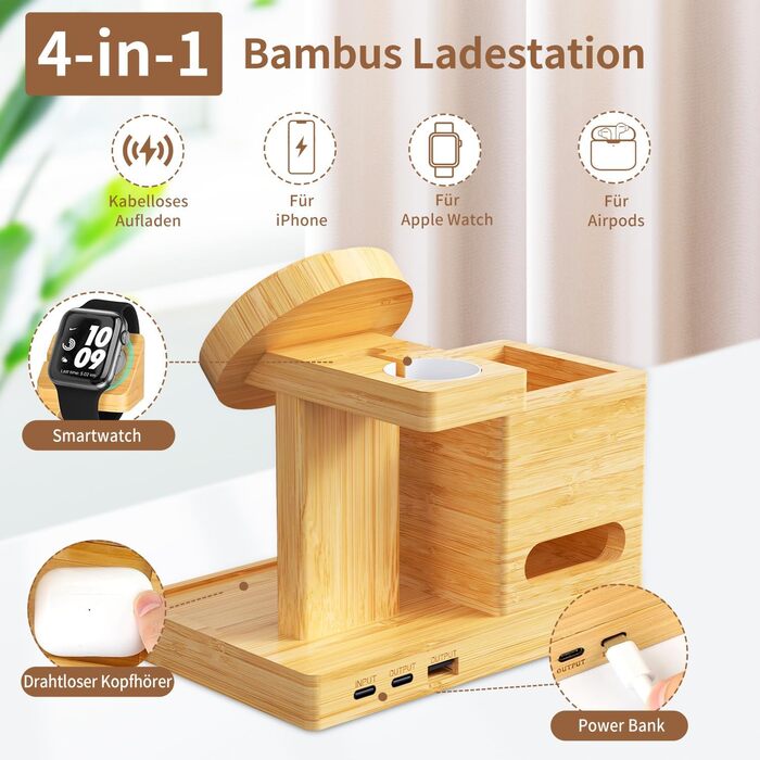 Багатофункціональна бамбукова зарядка 5-в-1 з LED-годинником та нічником. Підходить для Apple Watch, AirPods, Samsung Galaxy та інших пристроїв.