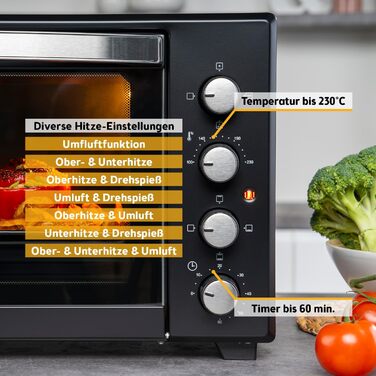 Міні-піч TZS First Austria 45L з регулюванням температури до 230°C, таймером, грилем та поворотним шампуром. Антипригарне покриття, 4 рівня, деко та решітка.
