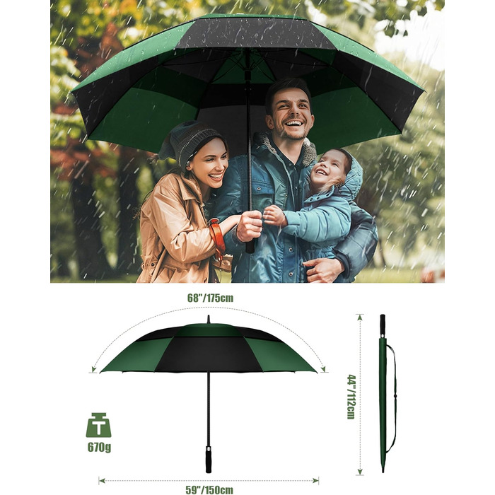 TECKNET Головний парасолька великий XXL, гольф-парасолька 173 см, стійкий до вітру, подвійний купол, вентильований, автоматичне відкриття, ручка EVA, для жінок та чоловіків (чорний та зелений, 150 см)