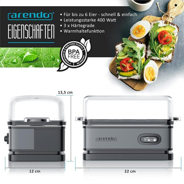 Arendo - Stainless Steel Egg Cooker with Keep-Warm Function - Tilt Switch with Indicator Light - Freely Selectable Hardness Level - Brushed Stainless Steel - BPA-Free - in Cool Grey B: Cool Grey