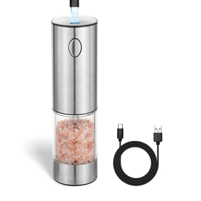 Електричний набір для солі та перцю з зарядною станцією, об'єм 110 мл, перезаряджувана солянка з 5 рівнями, керамічна млинка з щіткою (1 упаковка)