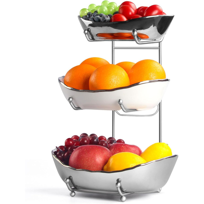 Керамічна фруктова ваза OdoVow на 3 яруси з металевим підставкою, для кухні, обіднього столу, вечірок та десертів
