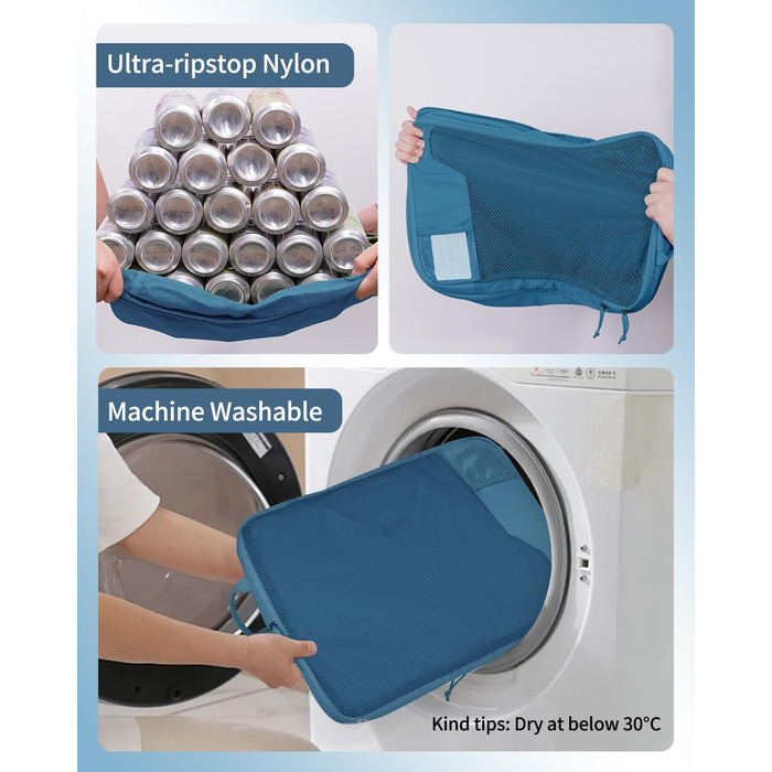 Органайзери для валіз ECOHUB (набір 4 шт) з мітками, екологічні, з перероблених матеріалів, для рюкзаків та валіз, з міцною сіткою, тревел-органайзери (зелений, блакитний)