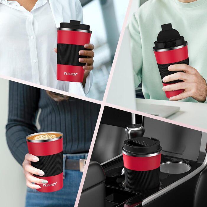 Термокружка для кави з кришкою, 380 мл, з подвійними стінками, з нержавіючої сталі, червоно-чорна