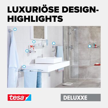 tesa DELUXXE Towel Hook, Chrome - Bathroom Hook for Wall Mounting without Drilling, including Adhesive Solution - 50mm x 50mm x 39mm