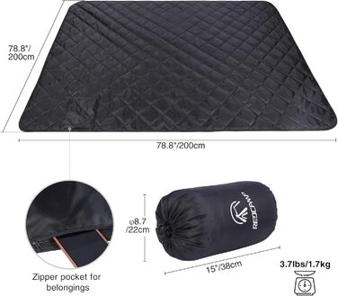 REDCAMP Waterproof Camping Blanket with Sherpa Lining, Thermo Large Stadium Blanket, Warm Outdoor Blanket for Camping, Airplane Travel, Backpacking, Sailing, Travel (Black, 200 x 200 cm)