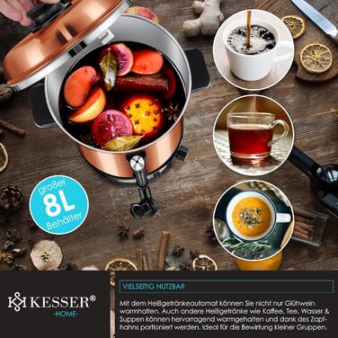 KESSER® Mulled Wine Boiler 8L Stainless Steel Incl. 10x Cups Mulled Wine Cooker with Thermostat Mulled Wine Dispenser Hot Beverage Dispenser Kettle Hot Water Dispenser Canning Device Level Indicator Tap Black (8 Liters / Copper)