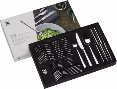 WMF Palermo Stainless Steel Cutlery Set, 6 Persons, 30-Piece Dining Cutlery Set, Monobloc Knives, Cromargan Stainless Steel Polished, Shiny, Dishwasher Safe Single