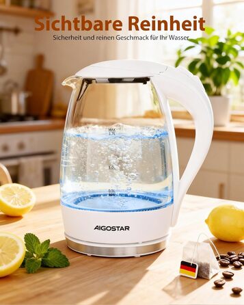 Електричний чайник Aigostar 1.7 л, 2200 Вт, зі скляною колбою, LED-підсвічуванням, без BPA, з фільтром від накипу, чорний (Eve)