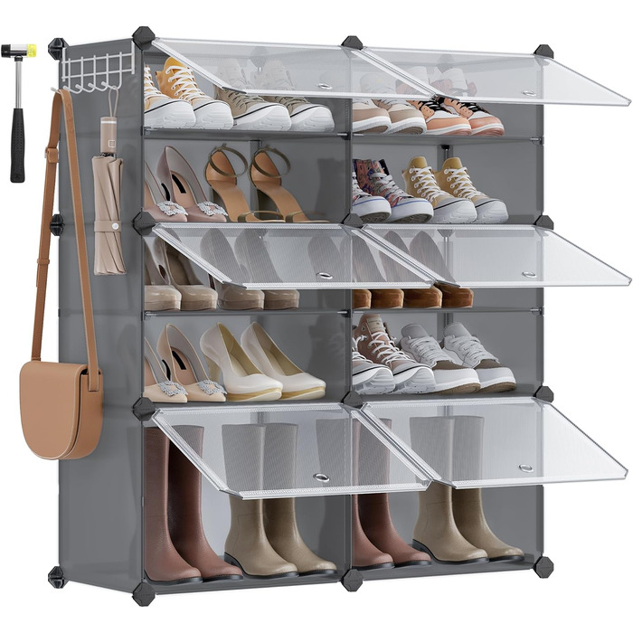 SONGMICS 10-Tier Shoe Rack, Shoe Cabinet, 30 x 40 x 30 cm per compartment, narrow, with doors, steel frame, plastic, for hallway, bedroom, entryway, LPC035B01 (6 compartments (83B x 94H cm), Slate Grey)