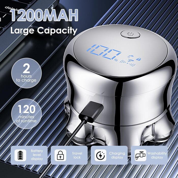 Електрична бритва чоловіча 7D Glatzen з плаваючою головкою, LED-дисплеєм, 2 режимами, Type-C зарядка, срібляста