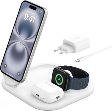 Зарядний пристрій Belkin BoostCharge 3-в-1 з підтримкою Qi2, 15 Вт, MagSafe, для iPhone, Apple Watch, AirPods