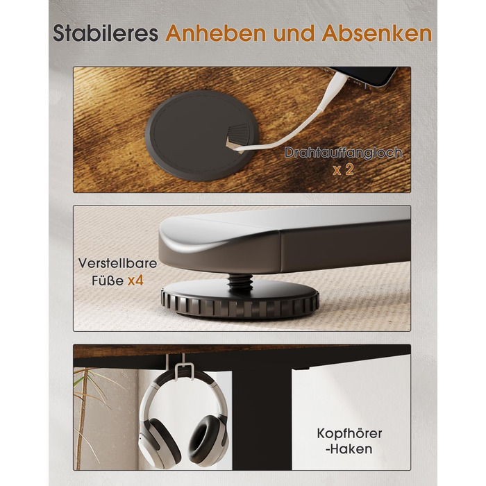 Adjustable Height Standing Desk with Monitor Stand - Electric Ergonomic Desk, 120x60cm & 180x80cm White/Vintage Brown