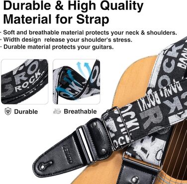 Гітарний ремінь LEKATO, смугастий, 6.7 см, з шкіряними кінцями та кишенькою для медіатора - з 6 медіаторами/фіксаторами ремінця - для бас-гітари, електрогітари та акустичної гітари