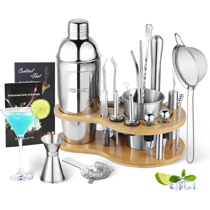 Набір для коктейлів YISSVIC 22 частини: шейкер, мірні склянки, ложка, наливник, підставка з бамбука. Подарунок для професіоналів та початківців