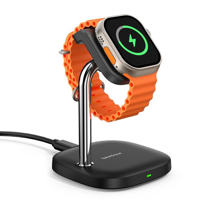 Зарядний пристрій для Apple Watch SwanScout 505A (Чорний): сумісний з Ultra 3, SE 3, Series 10, 9, 8, 7, 6, 5, 4, 3, 2, SE 2, 5W, бездротовий, регульований кут