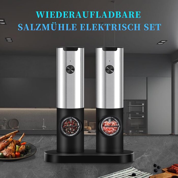 Electric Salt and Pepper Grinder Set, Rechargeable, USB Charging Station, Automatic Pepper and Salt Grinder Spice Grinder Refillable, One-Hand Operation, Adjustable Coarseness, LED Light