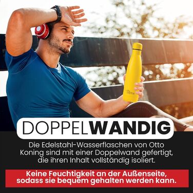 Термос-термопляшка з нержавіючої сталі Otto Koning, 500 мл. Подвійні стінки, вакуумна ізоляція, BPA-free. Жовтий колір.