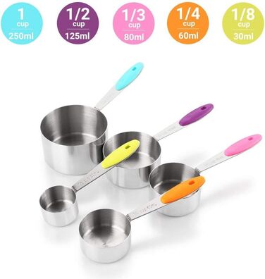Набір мірних ложок Xingxinrong з нержавіючої сталі (5 мірних ложок + 1 ложка) з силіконовою ручкою, з гравіюванням шкали (US та міжнародна), придатний для миття в посудомийній машині, для приготування та випічки, кухонний аксесуар